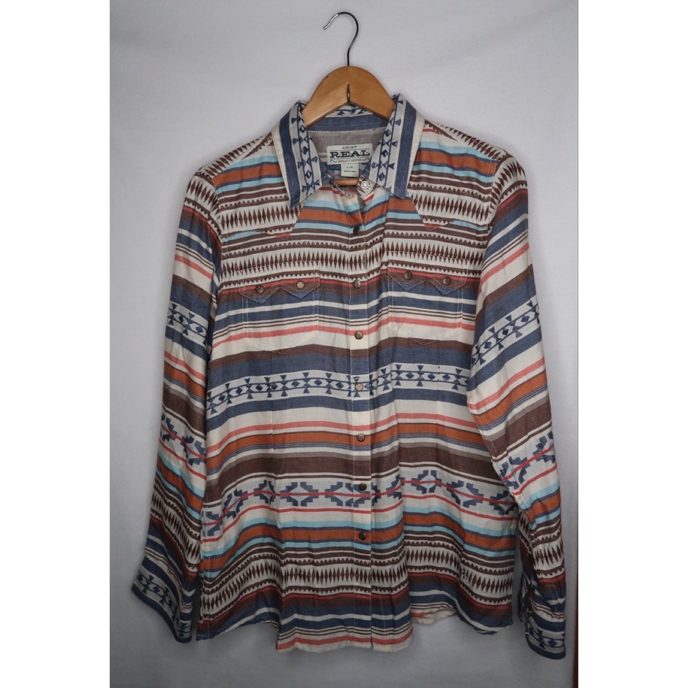 Ariat REAL Western Aztec Snap Shirt Women's Sz L Southwestern Rodeo Cowgirl‎ EUC